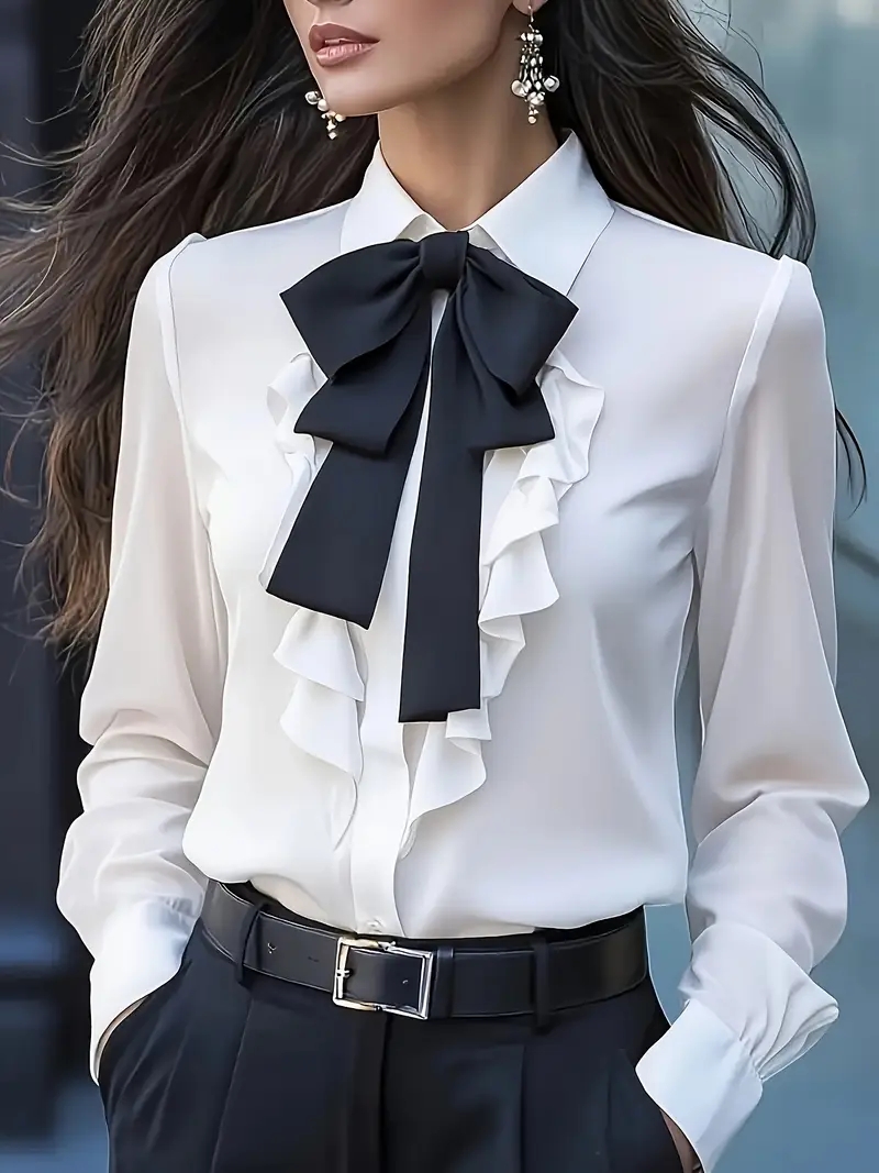 Women Formal Blouses For Evening Wear - Elegant Long Sleeve Bow Tie Ruffle