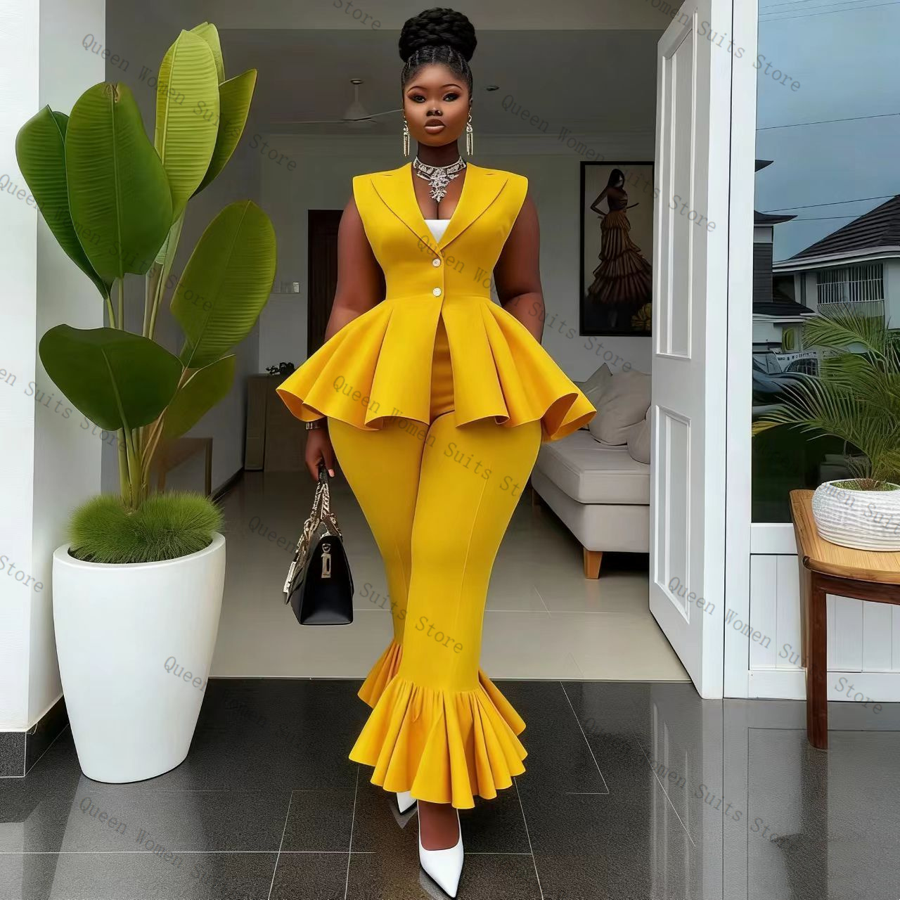Yellow Women Suit Pants Set 2  - Women Formal Wear Coat recension och pris