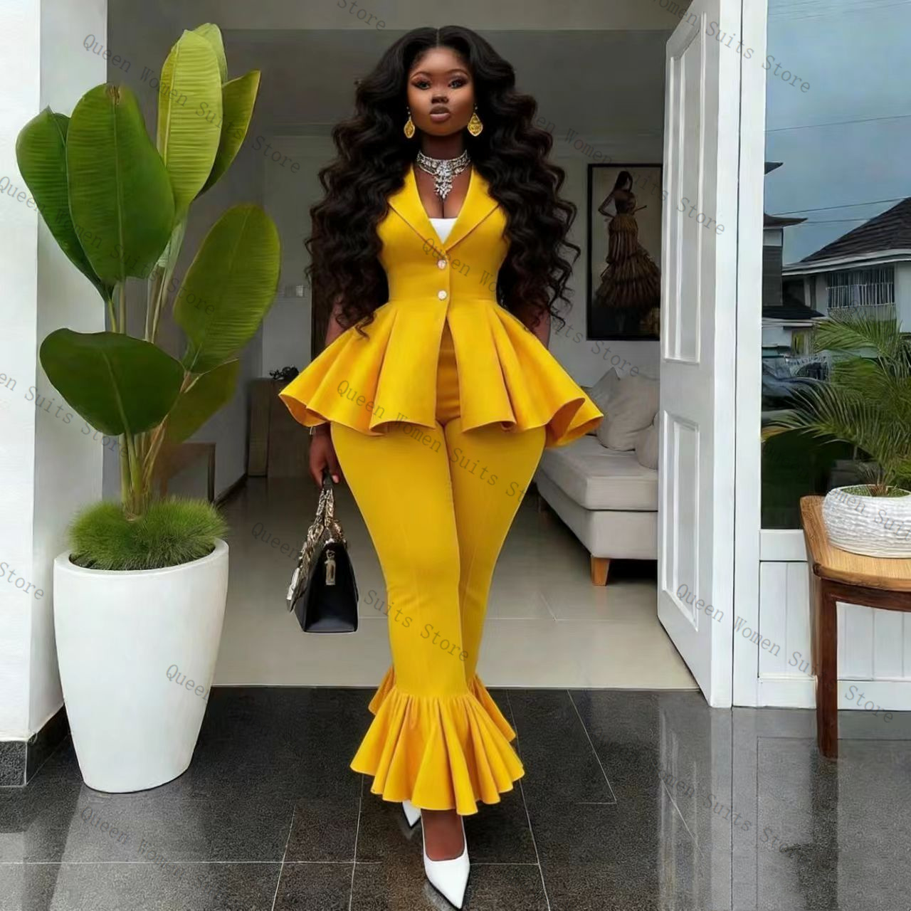 Yellow Women Suit Pants Set 2  - Women Formal Wear Coat recension och pris
