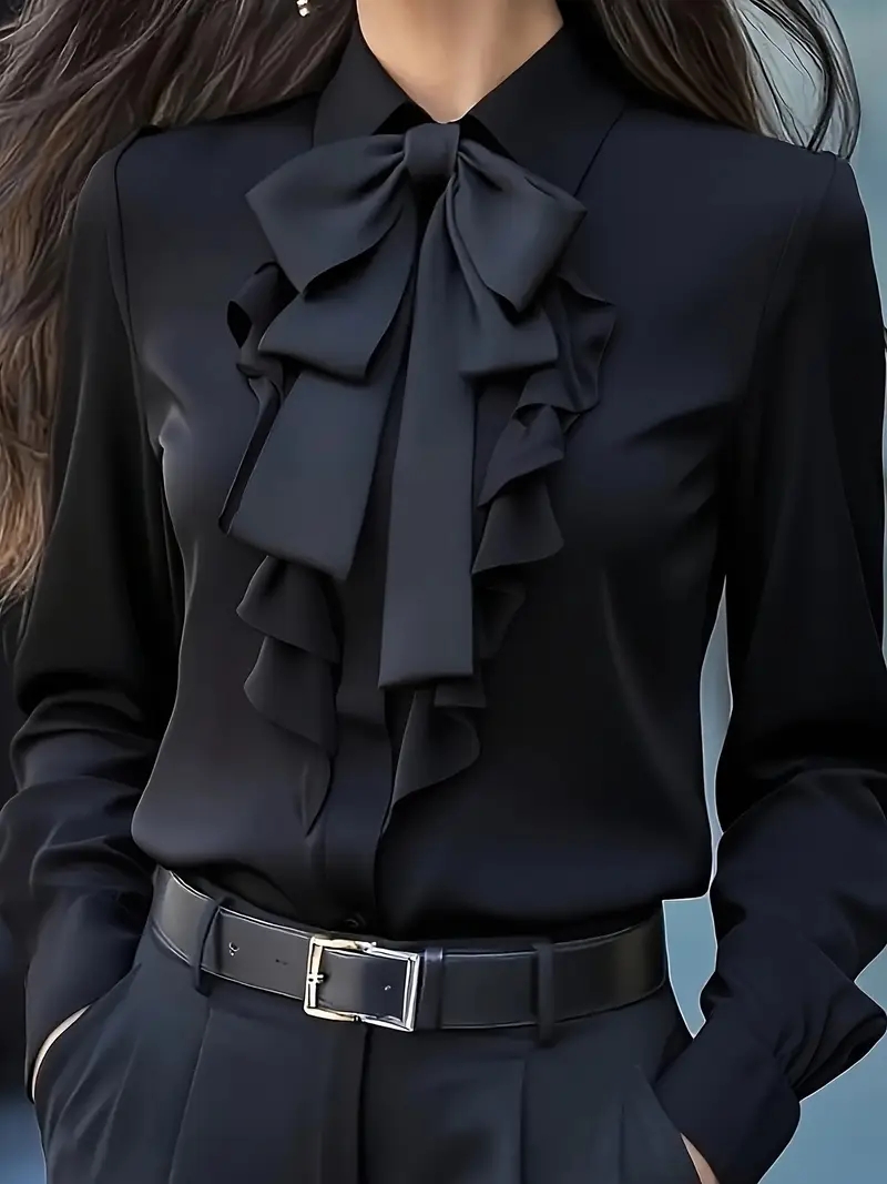 Elegant Long Sleeve Bow Tie Ru - Women Formal Blouses For Evening Wear recension och pris