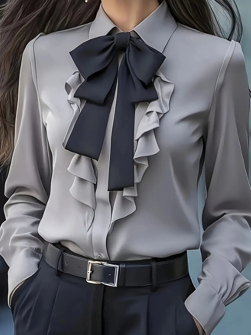 Elegant Long Sleeve Bow Tie Ru - Women Formal Blouses For Evening Wear recension och pris